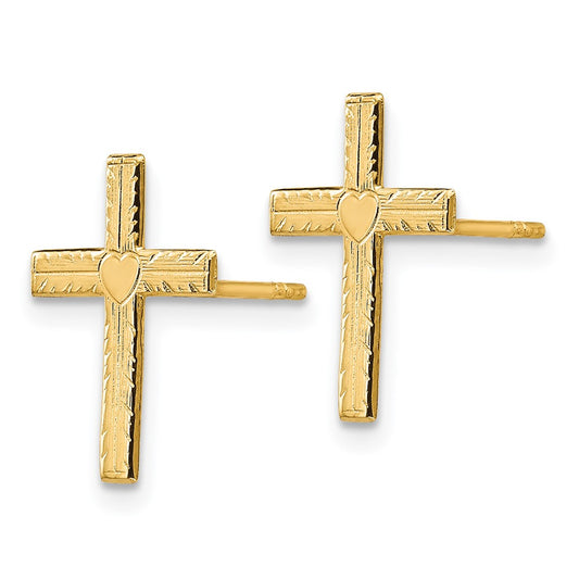 High-Quality 14K Gold Heart Cross Earrings - Stylish Polished & Satin Finish