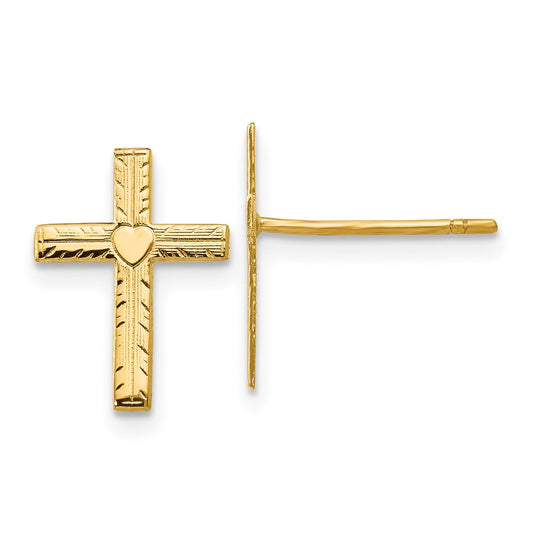 High-Quality 14K Gold Heart Cross Earrings - Stylish Polished & Satin Finish