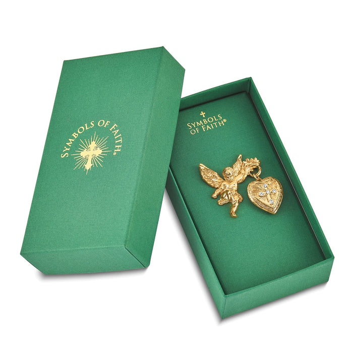 Exclusive Gold-tone Angel Brooch with 20mm Heart & Crystal Cross Locket - Stylish Faith Symbol-5