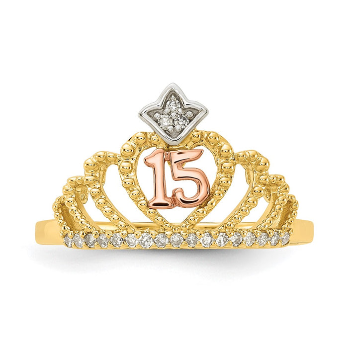 Buy Stylish 10K Tri-Color Diamond Beaded Crown Ring - Perfect for Quinceaera!-4