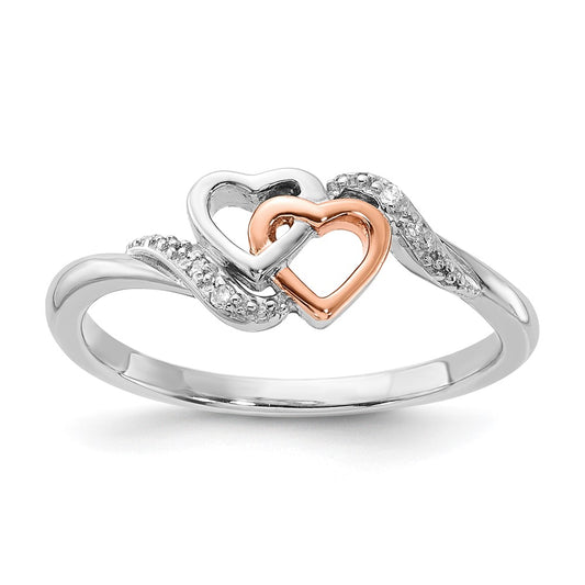 Exclusive Polished Double Heart Ring: Stylish Sterling Silver & 10K Rose Gold with Diamonds