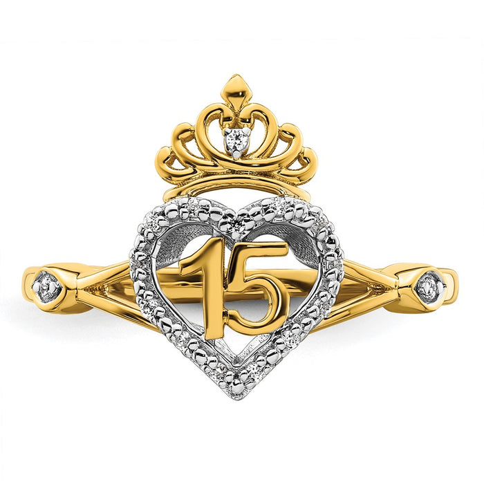 Exclusive 14K Two-Tone Diamond Quinceaera Ring - Stylish Heart & Crown Design-4