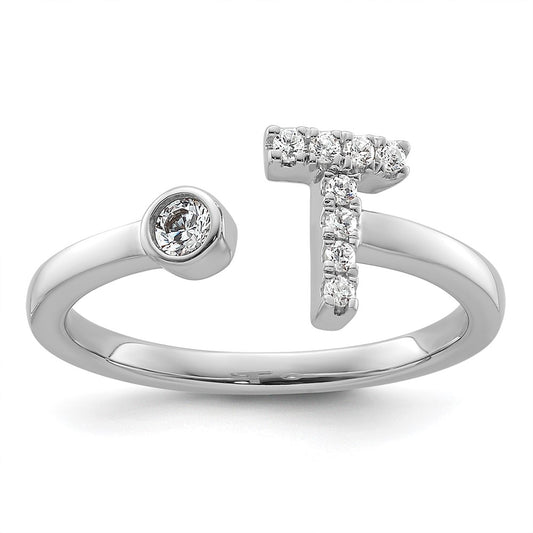 Buy Stylish 14K White Gold Adjustable Initial T Ring with 1/6 Carat Diamond
