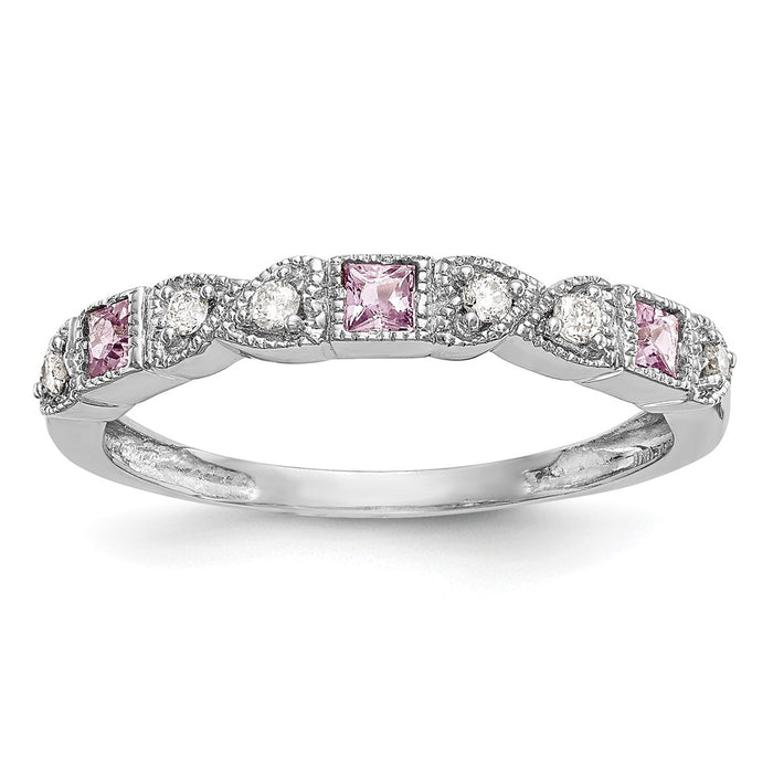 Exclusive 14K White Gold Heart Band - 1/10 Carat Diamond & Pink Sapphires, Stylish!-1