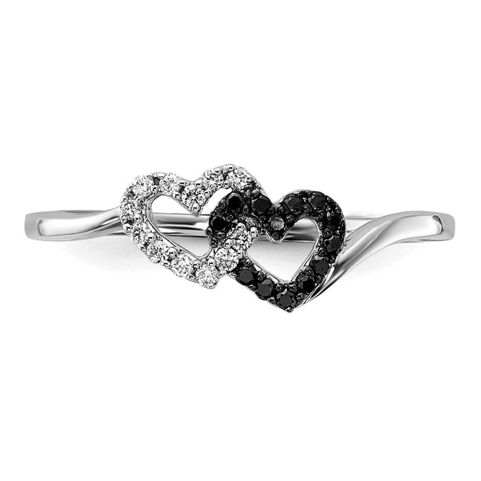 Exclusive 14K White Gold Double Heart Ring with Black & White Diamonds - Stylish Value!-4