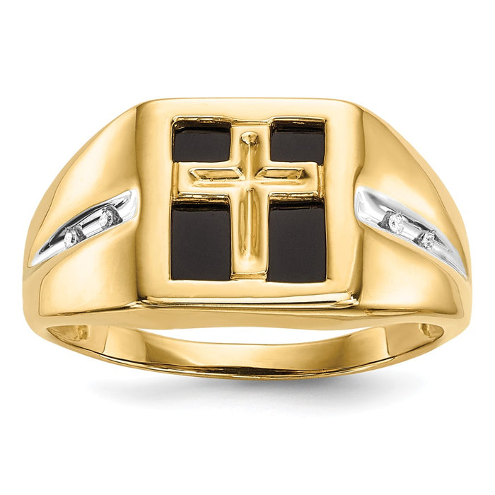 Exclusive Men's 14k Gold Cross Ring - Onyx & Diamonds, Stylish Value-1