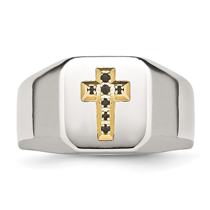 High-Quality Polished Stainless Steel Signet Ring with 14K Gold & Sapphire Cross-4