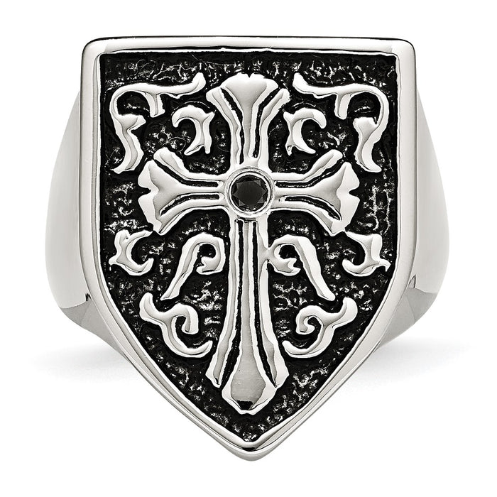 Buy Exclusive Antiqued Shield Ring with Black Diamond & Stainless Steel Cross-4