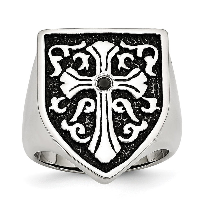 Buy Exclusive Antiqued Shield Ring with Black Diamond & Stainless Steel Cross-1