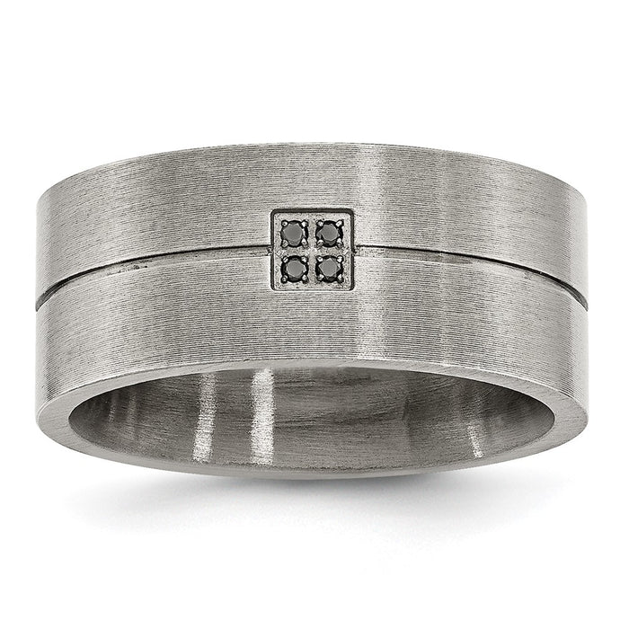 High-Quality 10mm Flat Band: Antiqued & Brushed Stainless Steel with .03ct Black Diamond - Stylish Value!-1