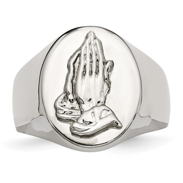 Exclusive Polished Stainless Steel Chisel Ring with Sterling Silver Praying Hands-4
