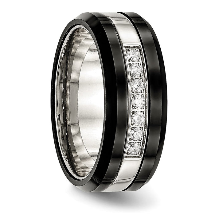 High-Quality Chiseled Stainless Steel Ring w/ Black Ceramic & CZ Bevel Edge-5