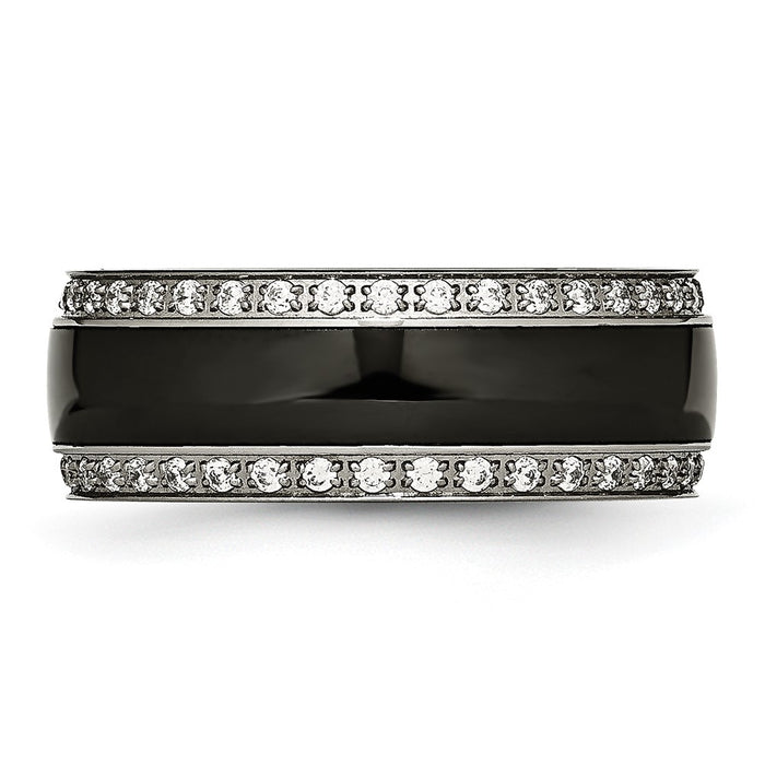 Exclusive Polished Stainless Steel Chisel Ring with Black Ceramic & CZ Accents-3