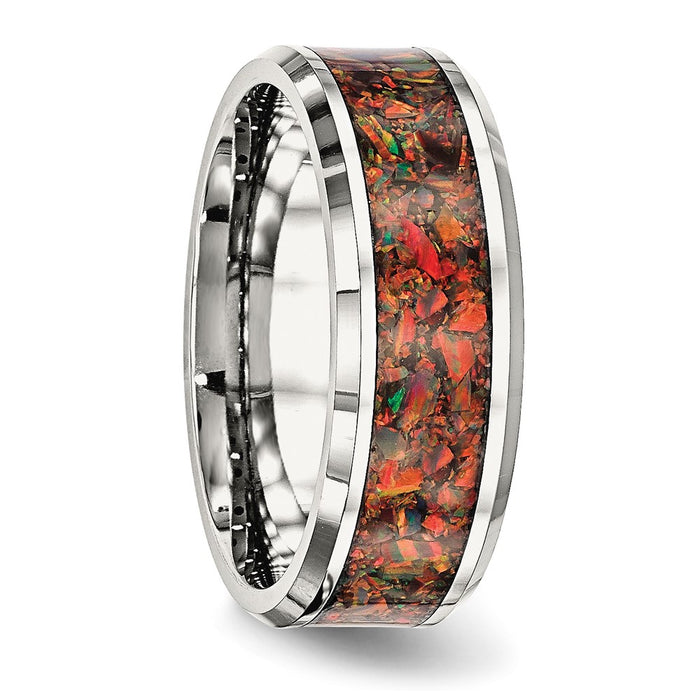 High-Quality Polished Stainless Steel Chisel Band, 8mm Red Opal Inlay - Stylish Value!-4