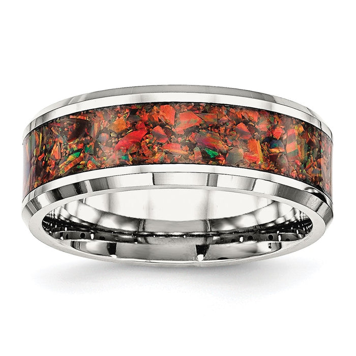 Exclusive 8mm Polished Stainless Steel Chisel Band with Red Opal Inlay - Affordable Luxury-1