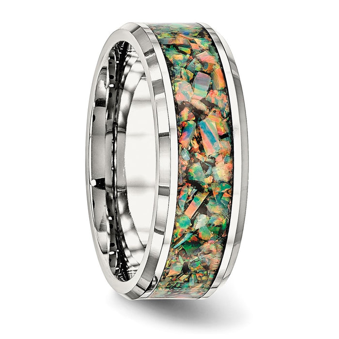 High-Quality Polished Stainless Steel Chisel Band - 8mm with Stylish Imitation Opal Inlay-4