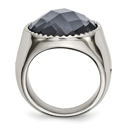 Exclusive Polished Grey Glass Ring - Stylish Chiseled Stainless Steel Design