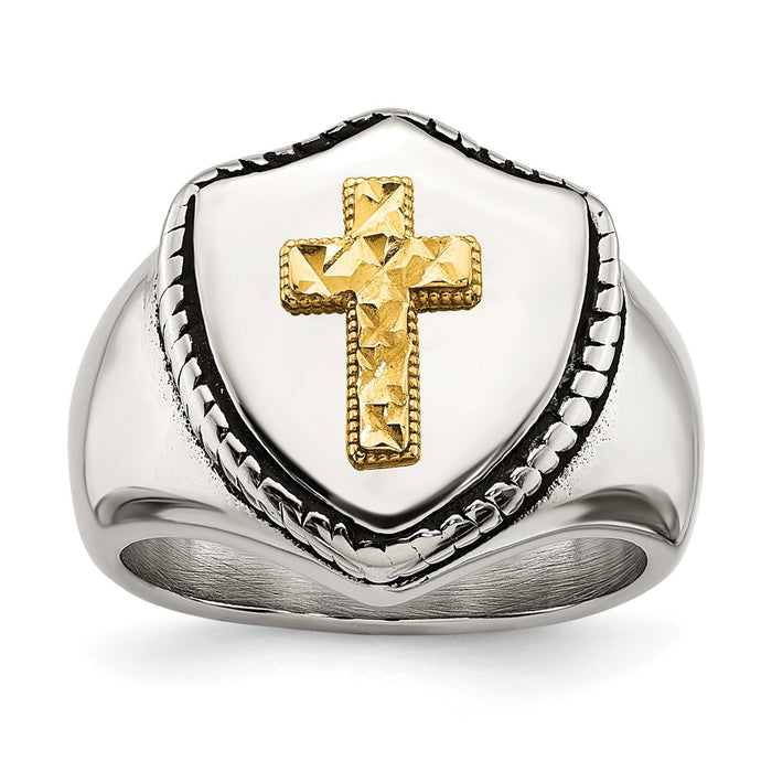 Shop Stylish Antiqued Shield Ring - 14K Gold Accent on Chiseled Stainless Steel-1