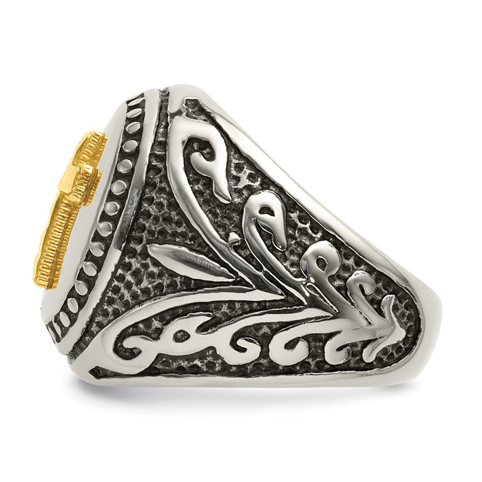 Exclusive Antiqued Cross Ring: Stylish Chiseled Stainless Steel & 14K Gold Accents-4