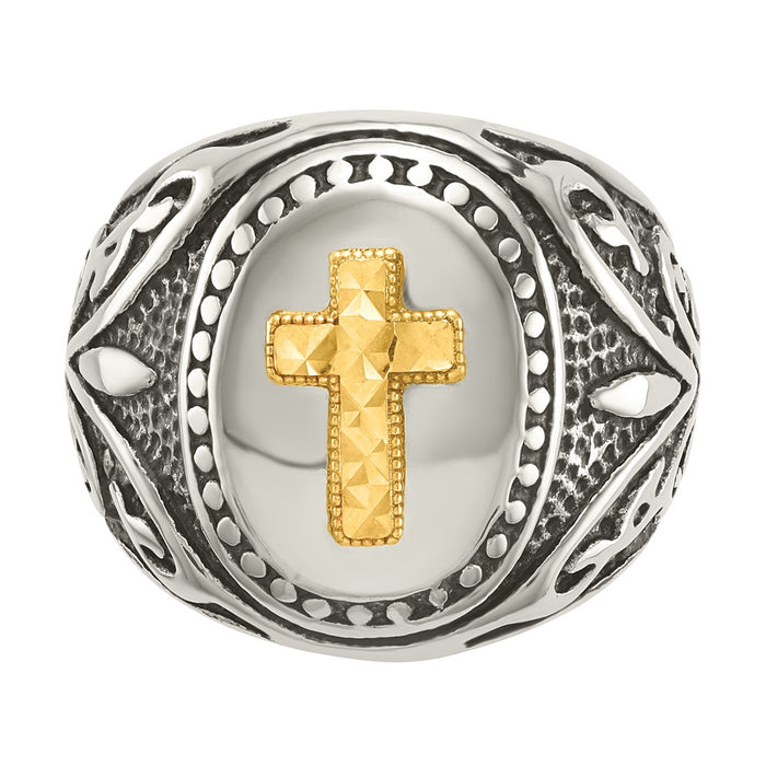 Exclusive Antiqued Cross Ring: Stylish Chiseled Stainless Steel & 14K Gold Accents-5