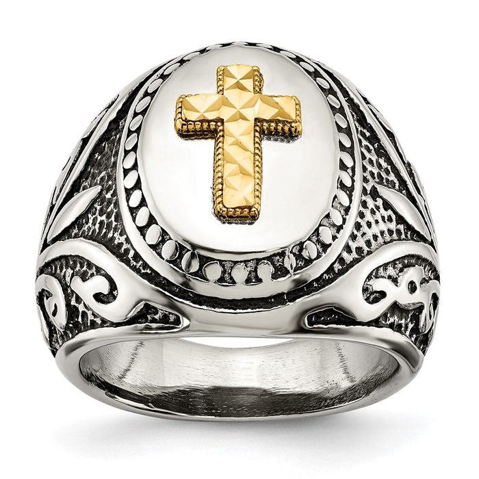 Exclusive Antiqued & Polished Cross Ring - 14K Gold Accents, Stylish Stainless Steel-1