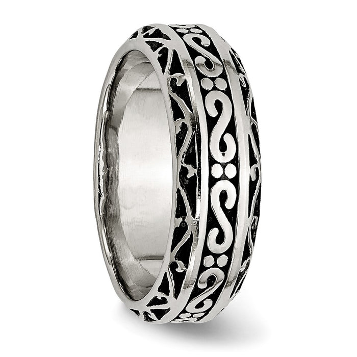 Exclusive 7mm Antiqued Polish Swirl Design Band in Chisel Stainless Steel-4
