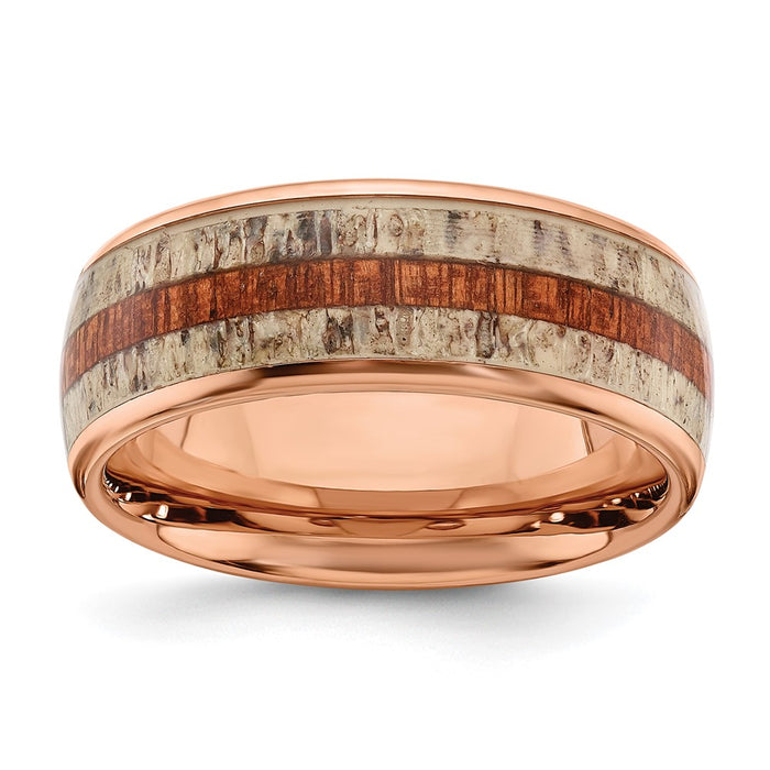 Buy Stylish 8mm Polished Rose IP-Plated Band with Wood & Antler Inlay-1