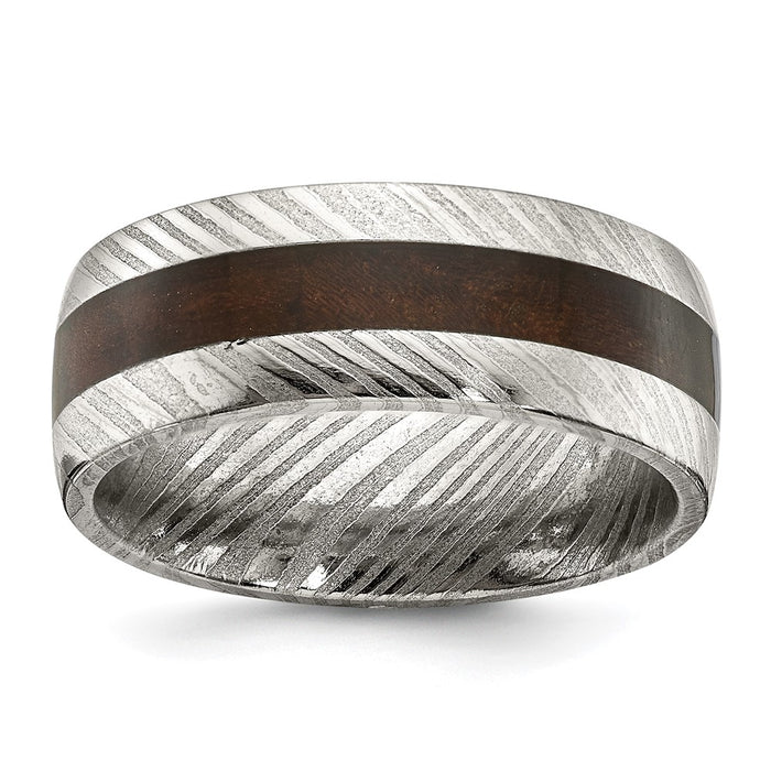 High-quality Polished Chisel Damascus Steel Band 8mm with Ebony Wood Inlay - Stylish Value-1