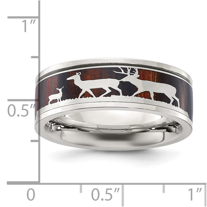 Buy Polished Stainless Steel Chisel Band 8mm - Stylish Wood Inlay & Deer Design-5