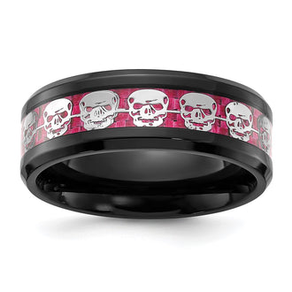 Shop Exclusive 8mm Polished Stainless Steel Band with Skull & Pink Inlay - Stylish Value