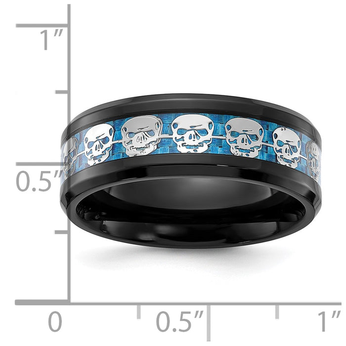 Buy Stylish 8mm Polished Black IP-Plated Stainless Steel Chisel Band with Blue Carbon Fiber Skull Design-4