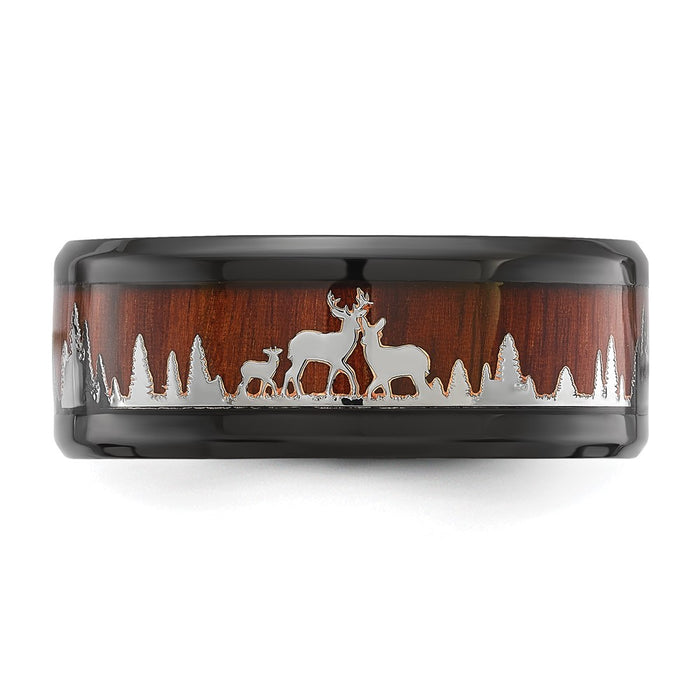 High-Quality 9mm Black IP-Plated Stainless Steel Band with Wood Inlay & Deer Design - Stylish Value-4