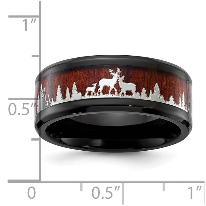 Exclusive 9mm Polished Black IP-Plated Chisel Band with Wood Inlay - Stylish Deer Design-5