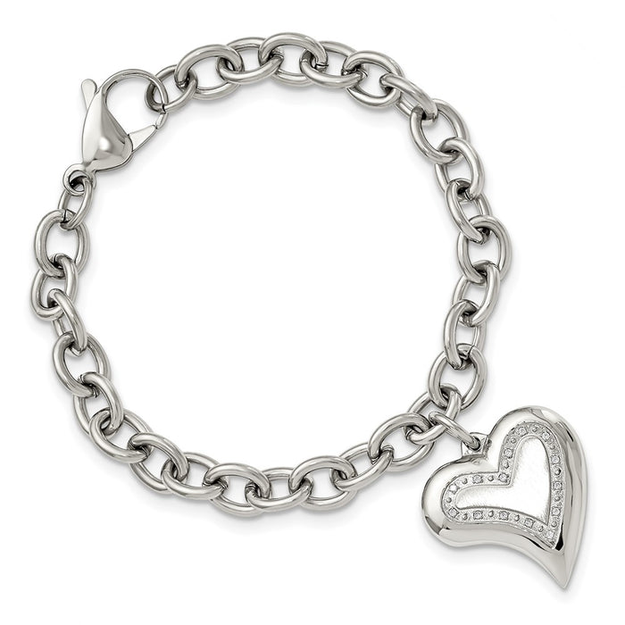 Shop Exclusive 7.5-Inch Polished Stainless Steel Chisel Bracelet with CZ Charm - Stylish Heart Design-3