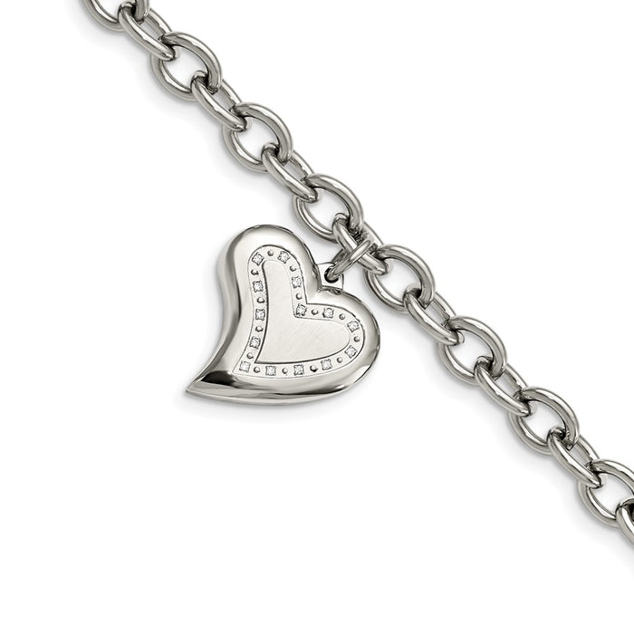 Shop Exclusive 7.5-Inch Polished Stainless Steel Chisel Bracelet with CZ Charm - Stylish Heart Design-1