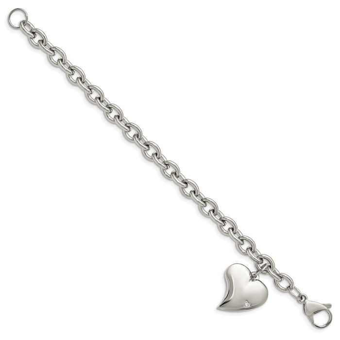 Shop Stylish Chisel Polished Stainless Steel Bracelet 7.5" with CZ Heart Charm-2
