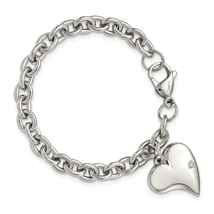 Shop Stylish Chisel Polished Stainless Steel Bracelet 7.5" with CZ Heart Charm-3