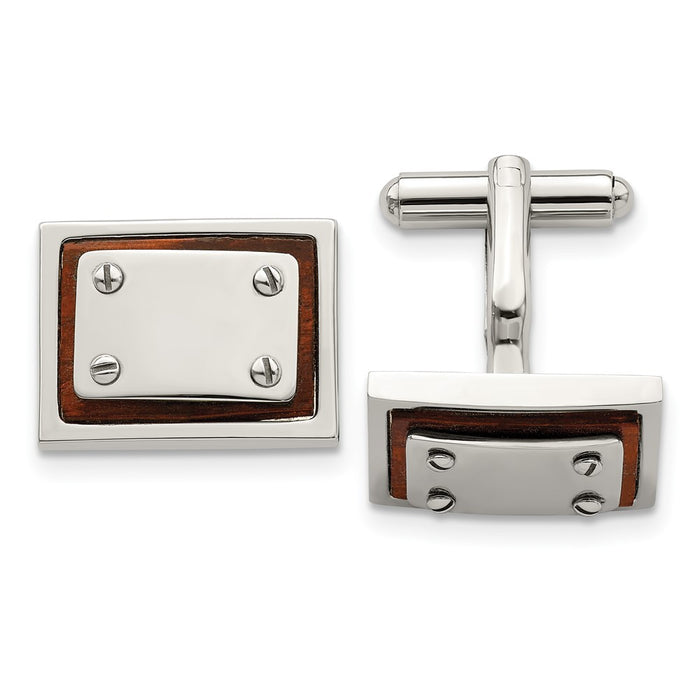 Designer Chisel Polished Stainless Steel Cufflinks with Koa Wood Inlay - Stylish Accessory-1