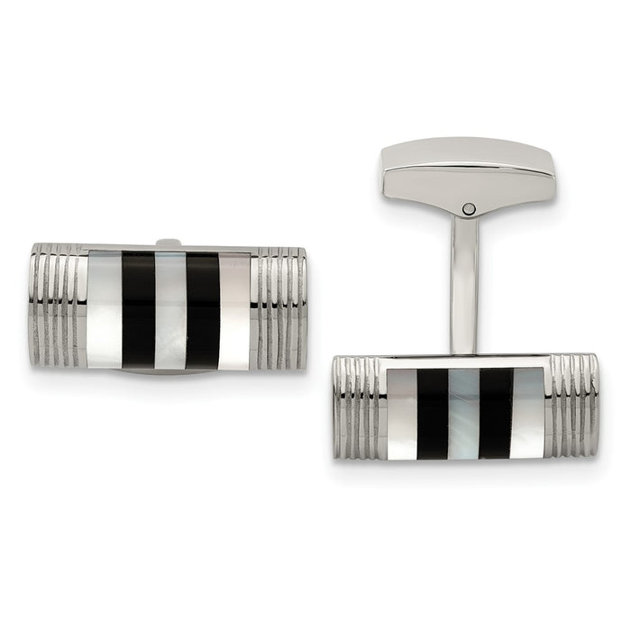 Buy Stylish Chisel Polished Stainless Steel Cufflinks with Onyx & Pearl Inlay-1