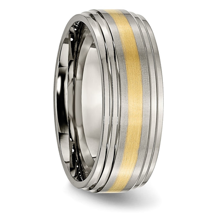 Buy Stylish 8mm Ridged Edge Band - Brushed Titanium & 14K Gold Inlay-4