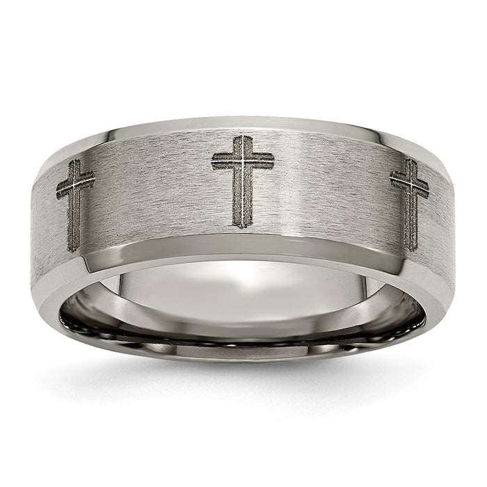 Buy Stylish 8mm Titanium Beveled Edge Band with Brushed Laser Design-1