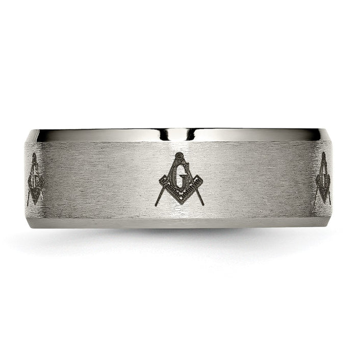 Exclusive 8mm Beveled Edge Band - Stylish Chiseled Titanium with Masonic Design-3