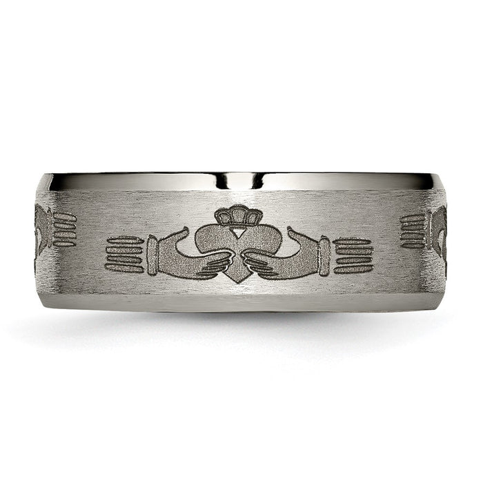 Exclusive 8mm Beveled Edge Titanium Band - Stylish Brushed & Polished Claddagh-3