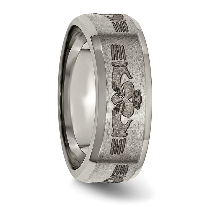 Exclusive 8mm Titanium Beveled Edge Band with Stylish Claddagh Design-4