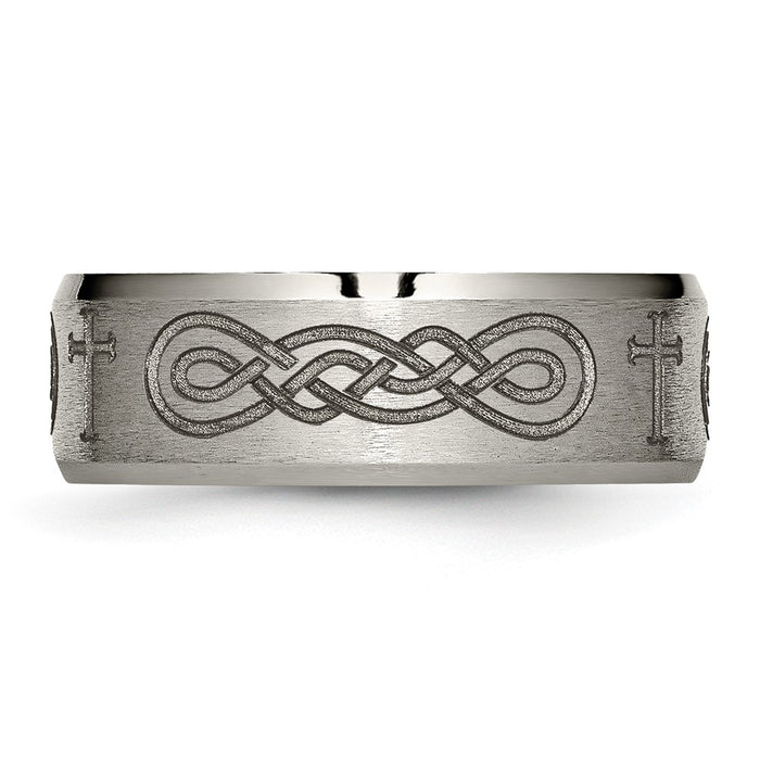 Buy Stylish 8mm Titanium Beveled Edge Band with Cross Laser Design-3