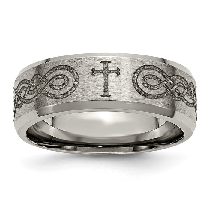 Buy Stylish 8mm Titanium Beveled Edge Band - Brushed & Polished with Cross Design-1