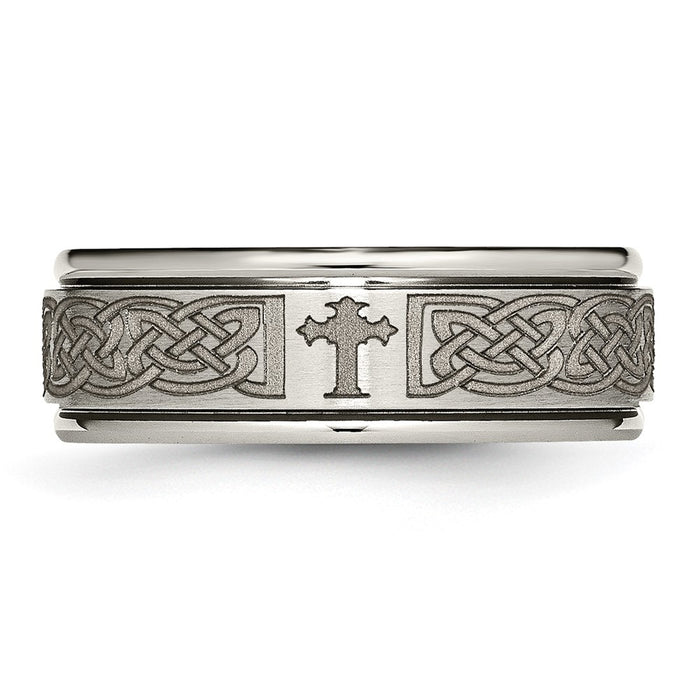 Buy High-Quality 8mm Brushed Titanium Cross Band - Stylish Laser Design & Ridged Edges-4