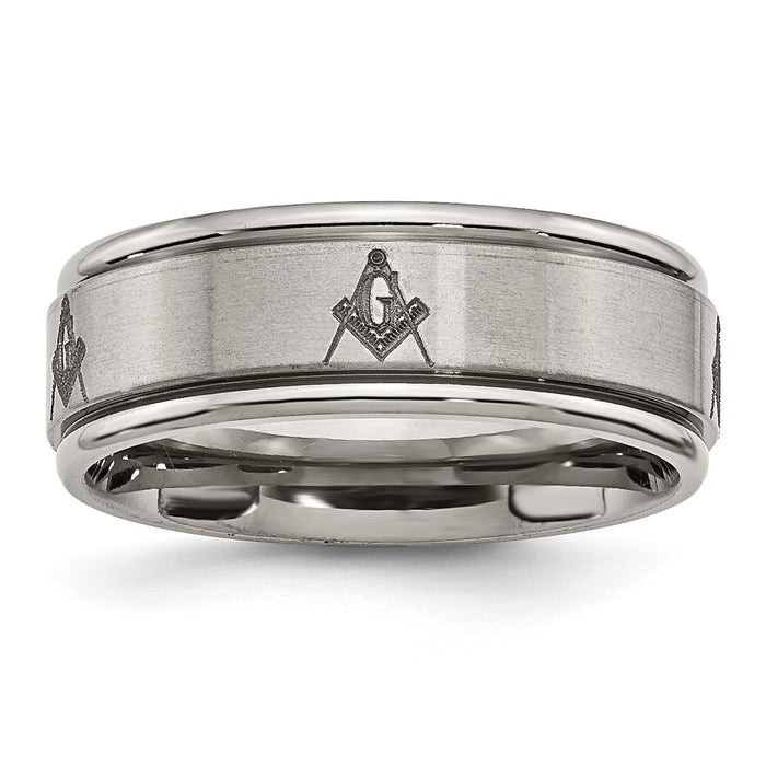 High-Quality 8mm Chiseled Titanium Ring - Stylish Polished & Brushed Masonic Design-1