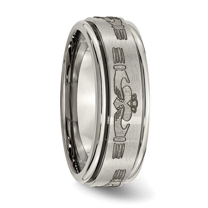 Buy Stylish 8mm Titanium Ridged Edge Band with Brushed Claddagh Design-4