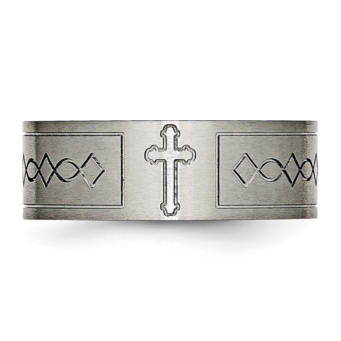 Buy Stylish Brushed Titanium 8mm Flat Band, Chiseled Cross Design, Luxury Look-4